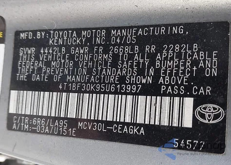 2005 Toyota Camry Xle V6 z USA, uszkodzony, nr VIN 4T1BF30K95U613997